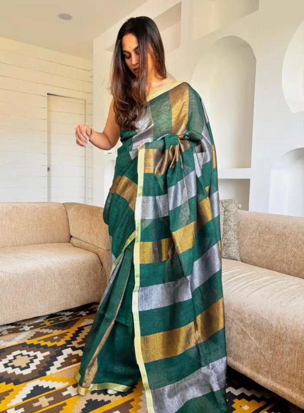 Bhagalpur Handwoven Pure Linen Saree with Copper Zari Border | Bottle Green Multi-Stripe