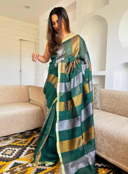 Bhagalpur Handwoven Pure Linen Saree with Copper Zari Border | Bottle Green Multi-Stripe