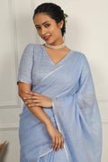 Handwoven Pure Linen Saree with Silver Zari Border