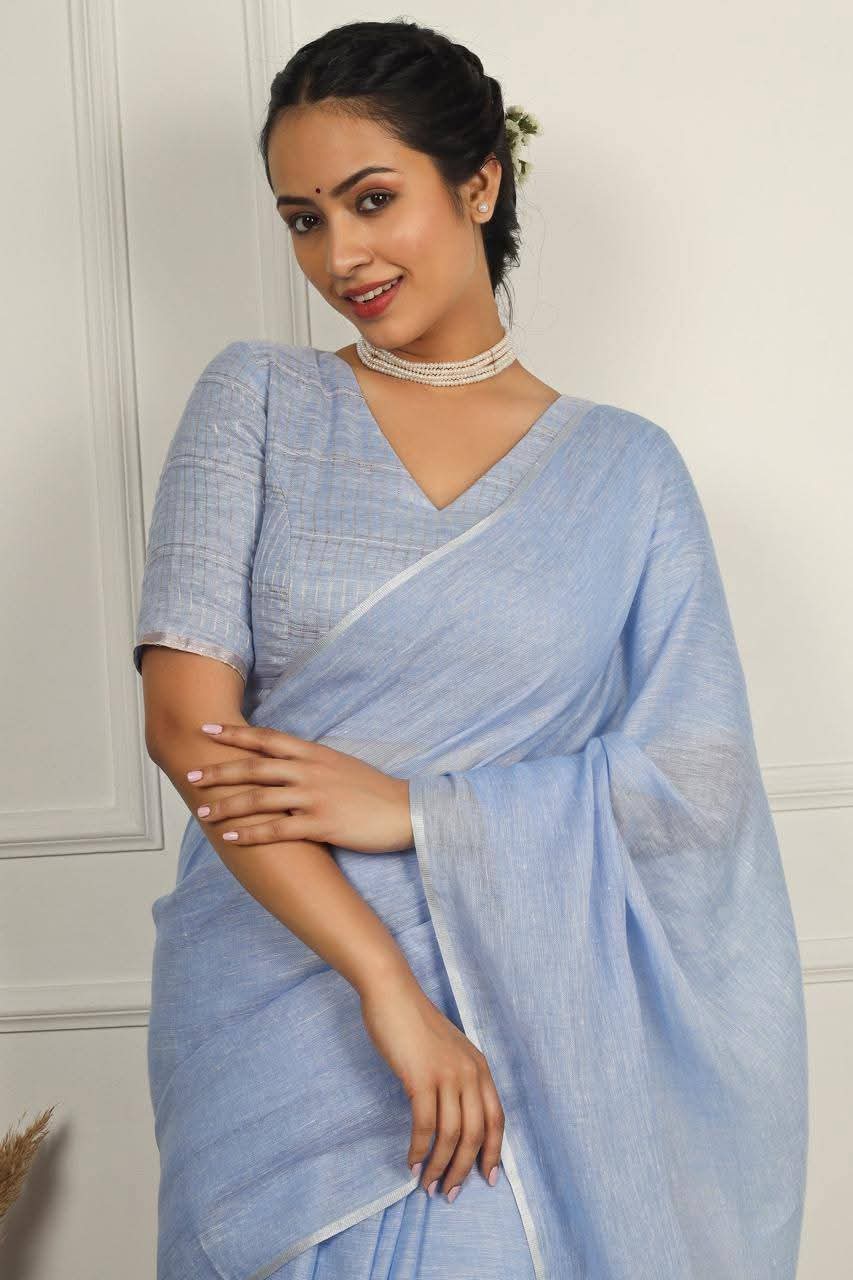 Handwoven Pure Linen Saree with Silver Zari Border