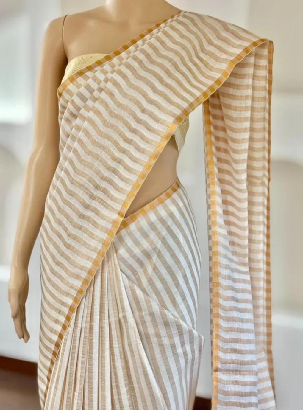 Pure Handloom Linen Saree | White & Beige Stripes with Gold Zari Border