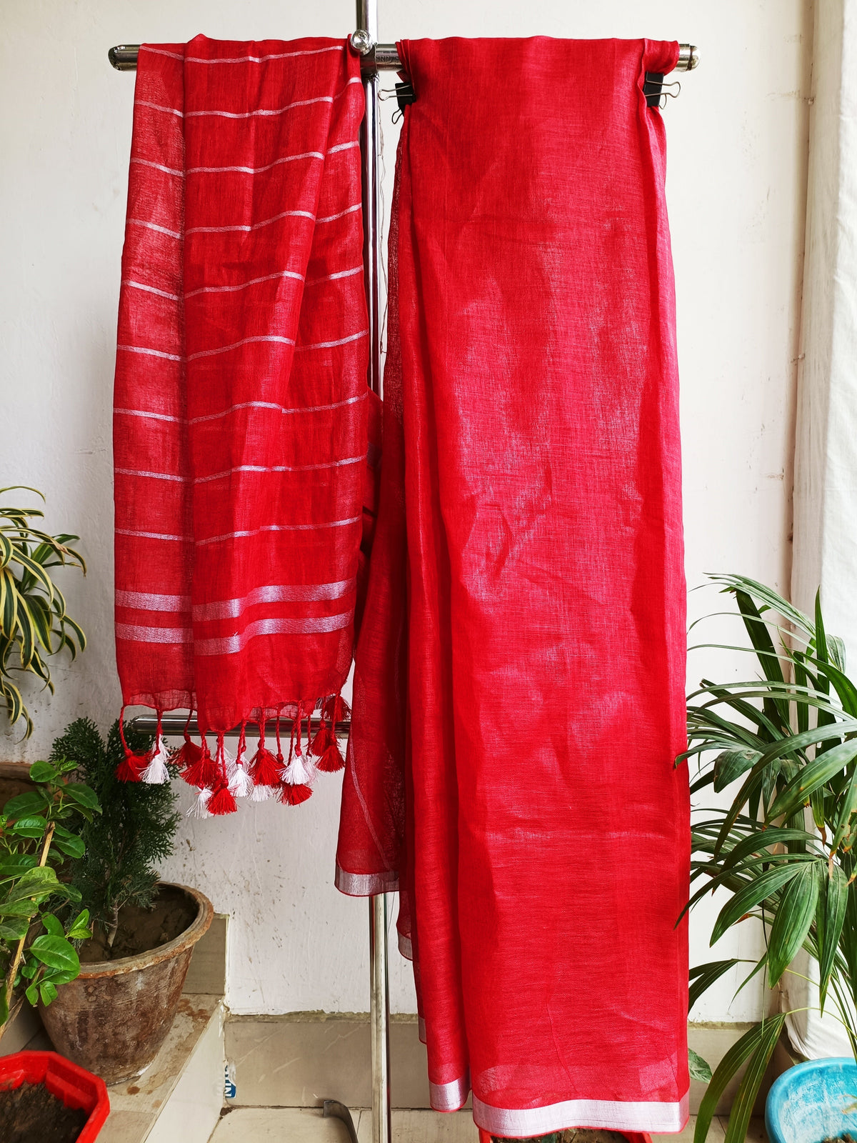 Handwoven Pure Linen Saree with Silver Half Inch Zari Border & Tassels