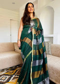 Bhagalpur Handwoven Pure Linen Saree with Copper Zari Border | Bottle Green Multi-Stripe
