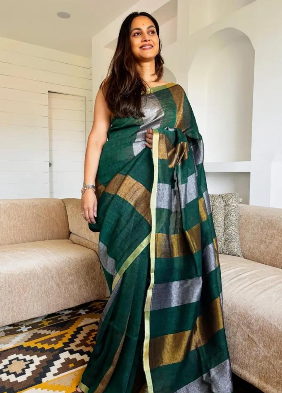 Bhagalpur Handwoven Pure Linen Saree with Copper Zari Border | Bottle Green Multi-Stripe