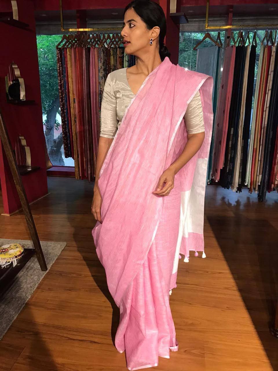 Handwoven Pure Linen Saree with Silver Zari Border