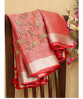 Handwoven Tissue Linen Silver Zari Saree with Handwork Embroidery