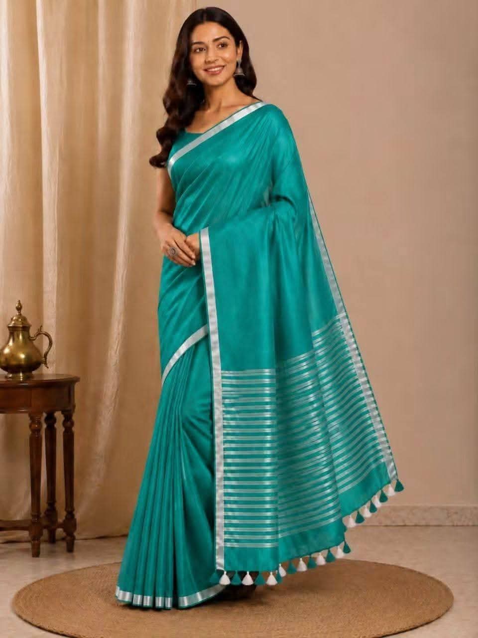 Handwoven Pure Linen Saree| Purple Silver Zari Border