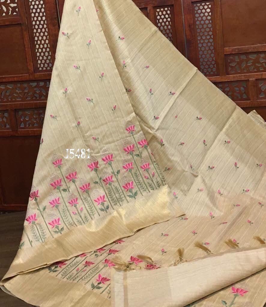 Silk Cotton Embroidery Saree – Lotus Floral Embroidery with Zari Border
