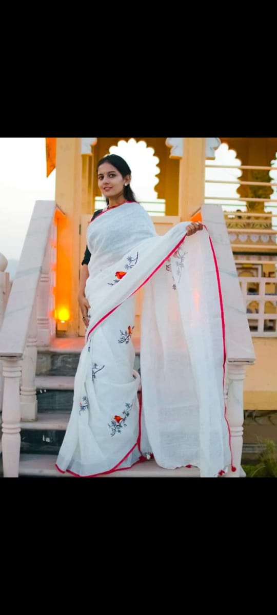 Handwoven Linen Embroidery Saree with Bird Motifs