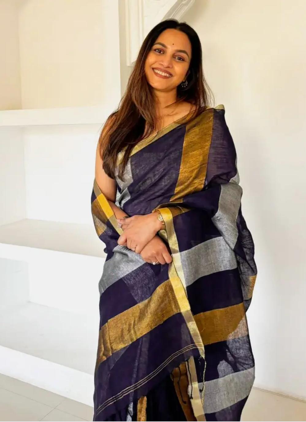 Handwoven Pure Linen Saree with Copper Zari Border | Deep Purple Multi-Stripe