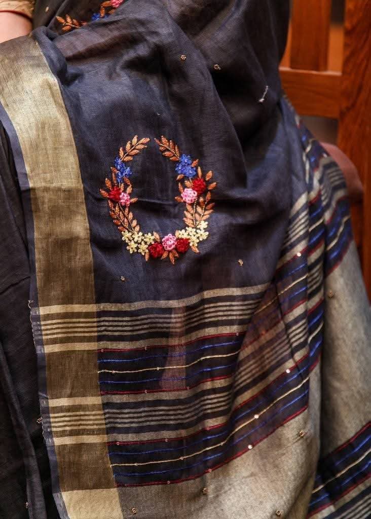 Handwoven Pure Linen Saree with Hand Embroidery Floral Wreath & Golden Zari Border