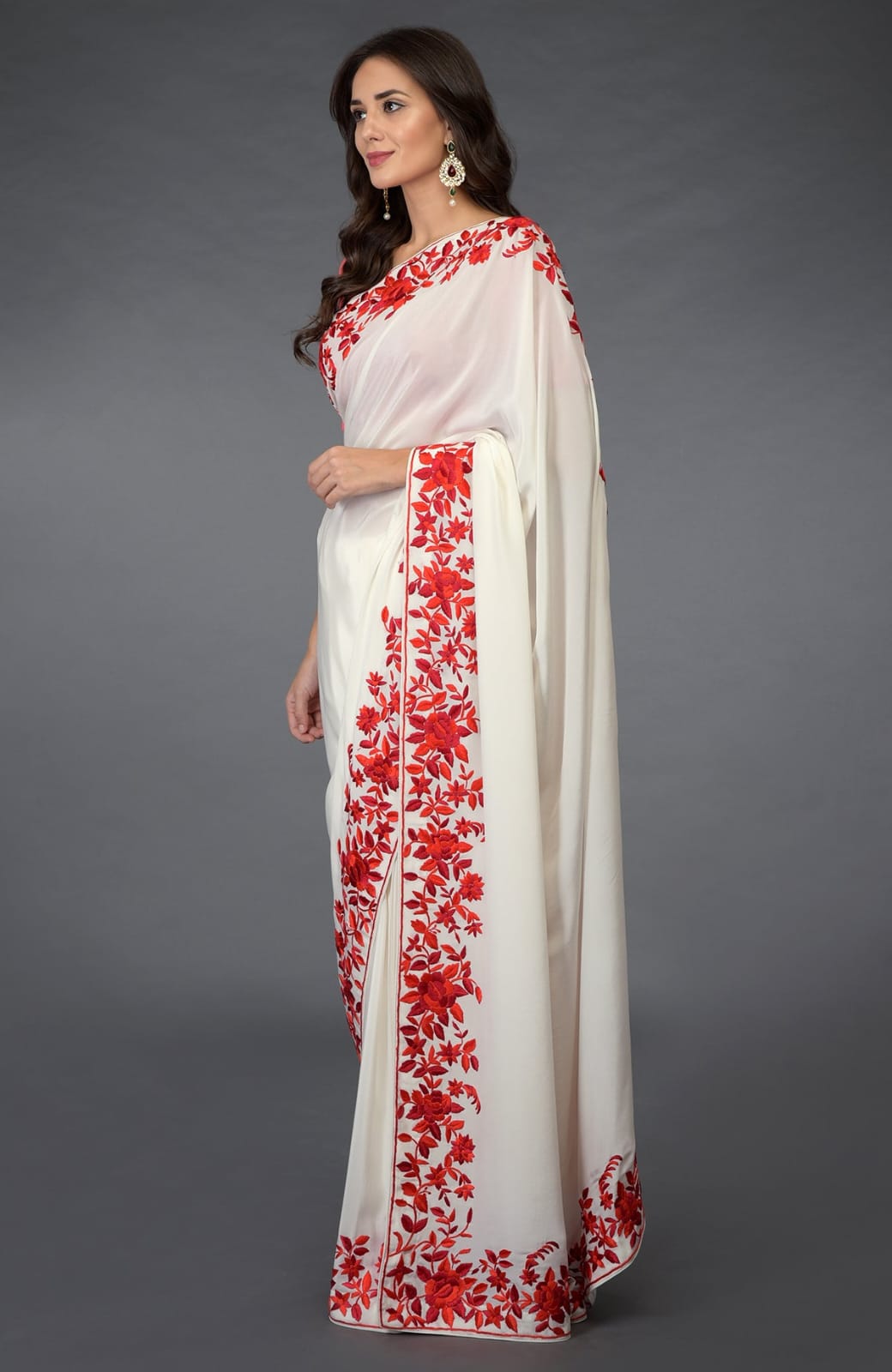 Desi Silk Saree with Red Floral Embroidery Handloom Sarees