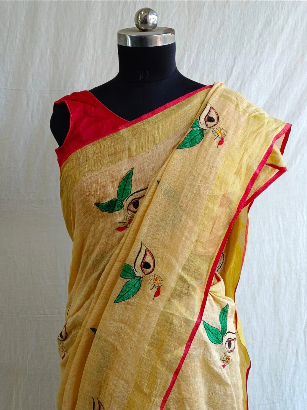 Handwoven Pure Linen Golden Zari Border Red Papin Saree