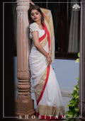 Handwoven Linen Cotton Saree with Golden Zari & Red Border