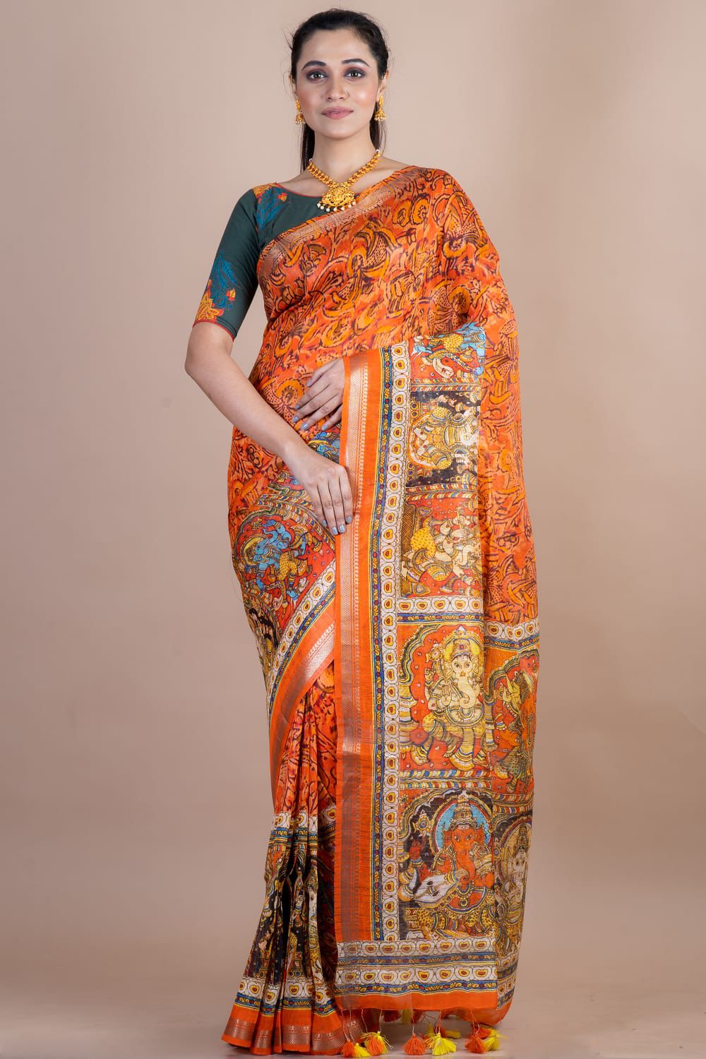 Handwoven Kota Silk Digital Print Kalamkari Saree with Golden Banarsi Zari Border