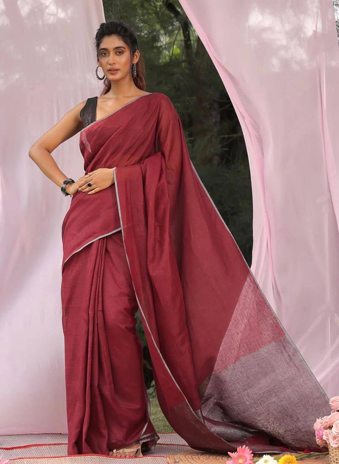 Handwoven Pure Linen Saree with Silver Zari Border