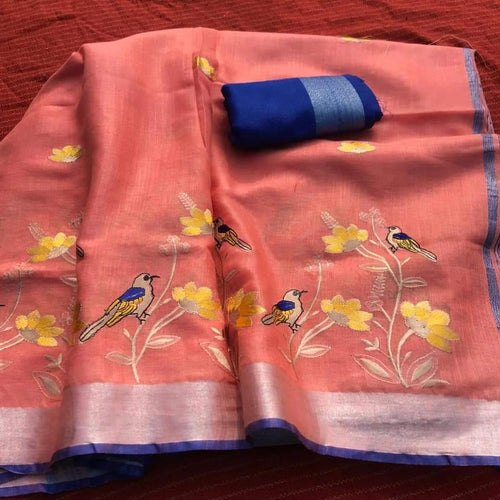 Bhagalpur Handwoven Pure Linen Saree with Silver Zari Border & Bird Embroidery