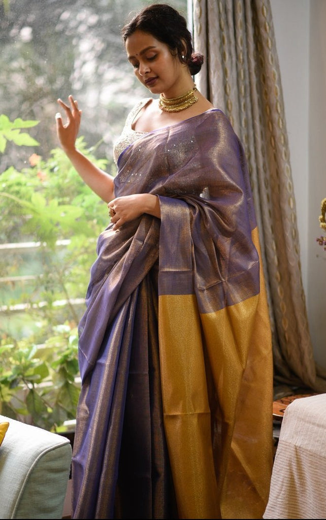 Handwoven Tissue Linen Saree with Copper Zari Border
