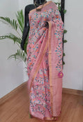 Kota Silk Linen Saree with Golden Zari Border | Floral Embroidery