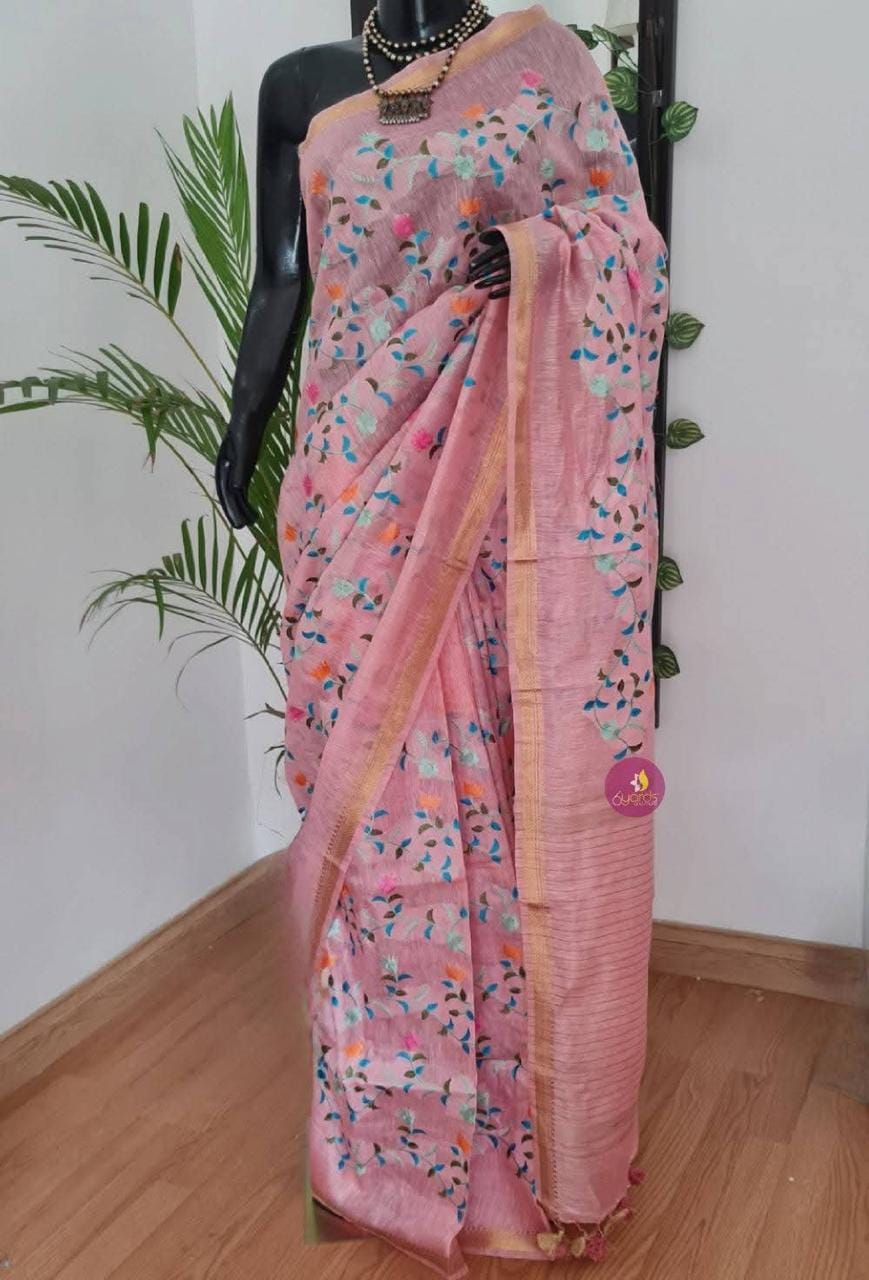 Kota Silk Linen Saree with Golden Zari Border | Floral Embroidery