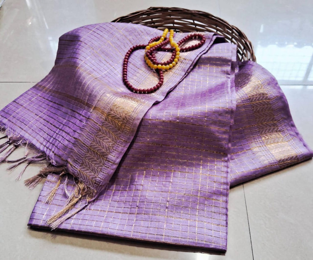 Handwoven Kota Silk Cotton Saree with Copper Zari Mini Check Border