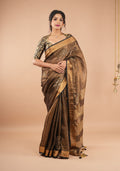 Handwoven Tissue Linen Copper Zari Border Handwork Embroidery Saree