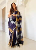 Handwoven Pure Linen Saree with Copper Zari Border | Deep Purple Multi-Stripe