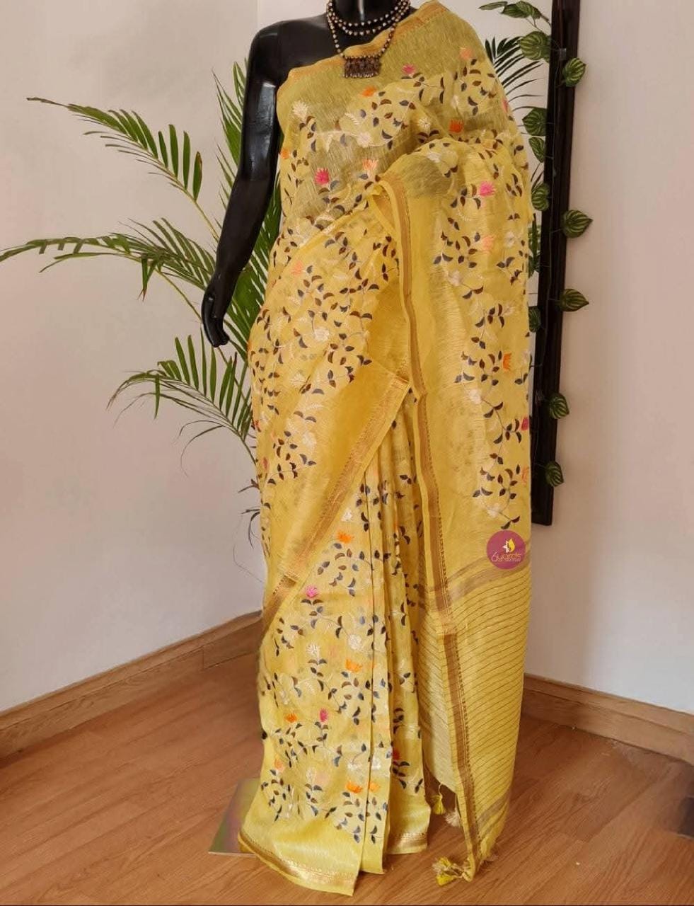 Kota Silk Linen Saree with Golden Zari Border | Floral Embroidery