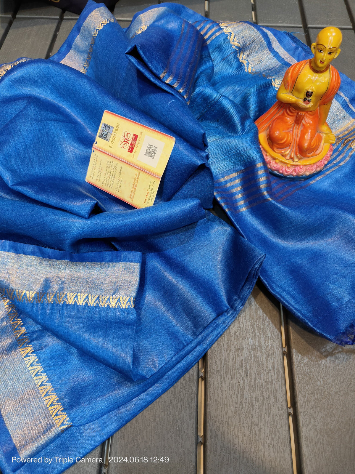 Royal Blue Handwoven Munga Silk Saree | Golden Zari Border | Silk Mark Certified