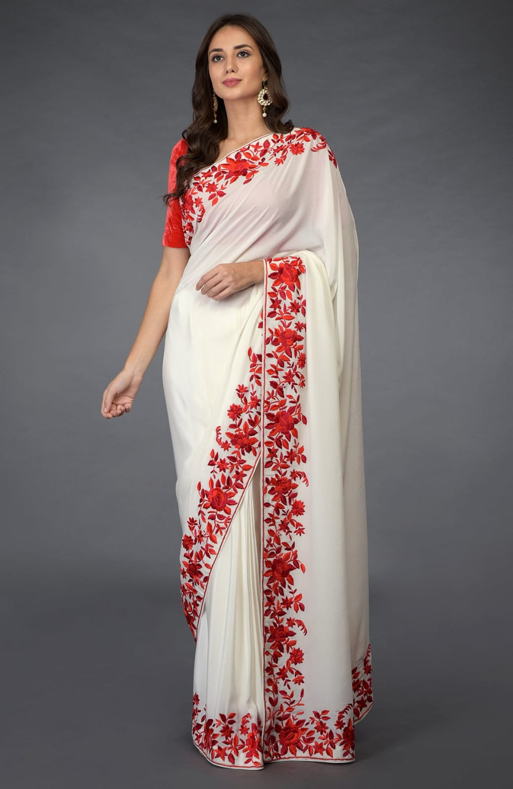 Desi Silk Saree with Red Floral Embroidery Handloom Sarees