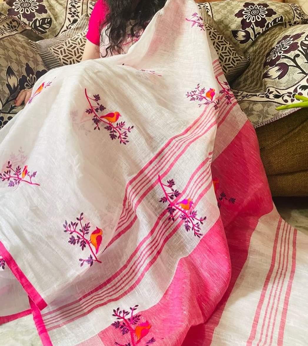 Handwoven Linen Embroidery Saree with Bird Motifs