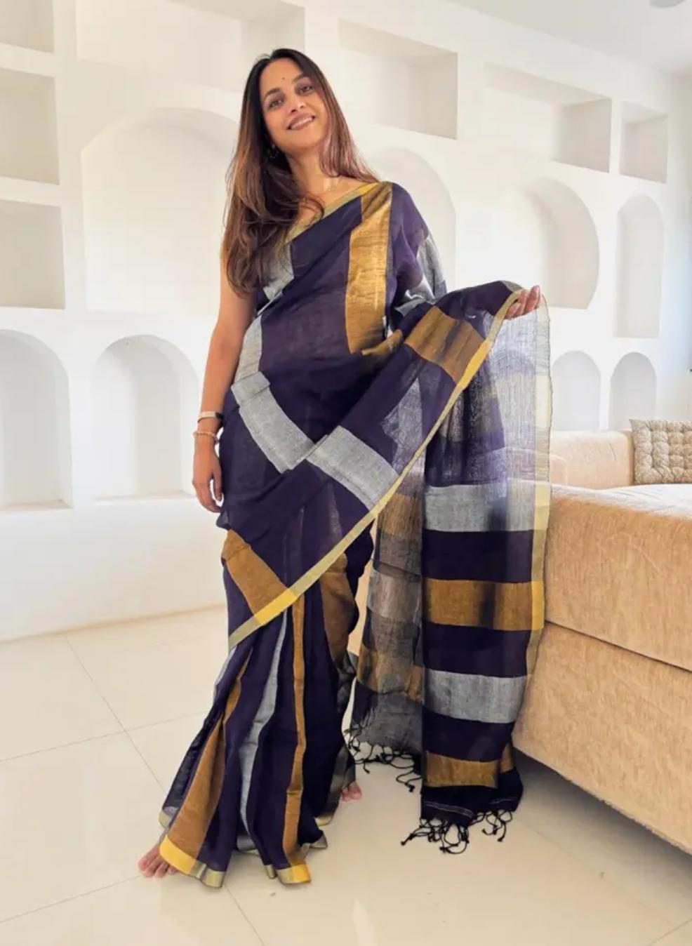 Handwoven Pure Linen Saree with Copper Zari Border | Deep Purple Multi-Stripe
