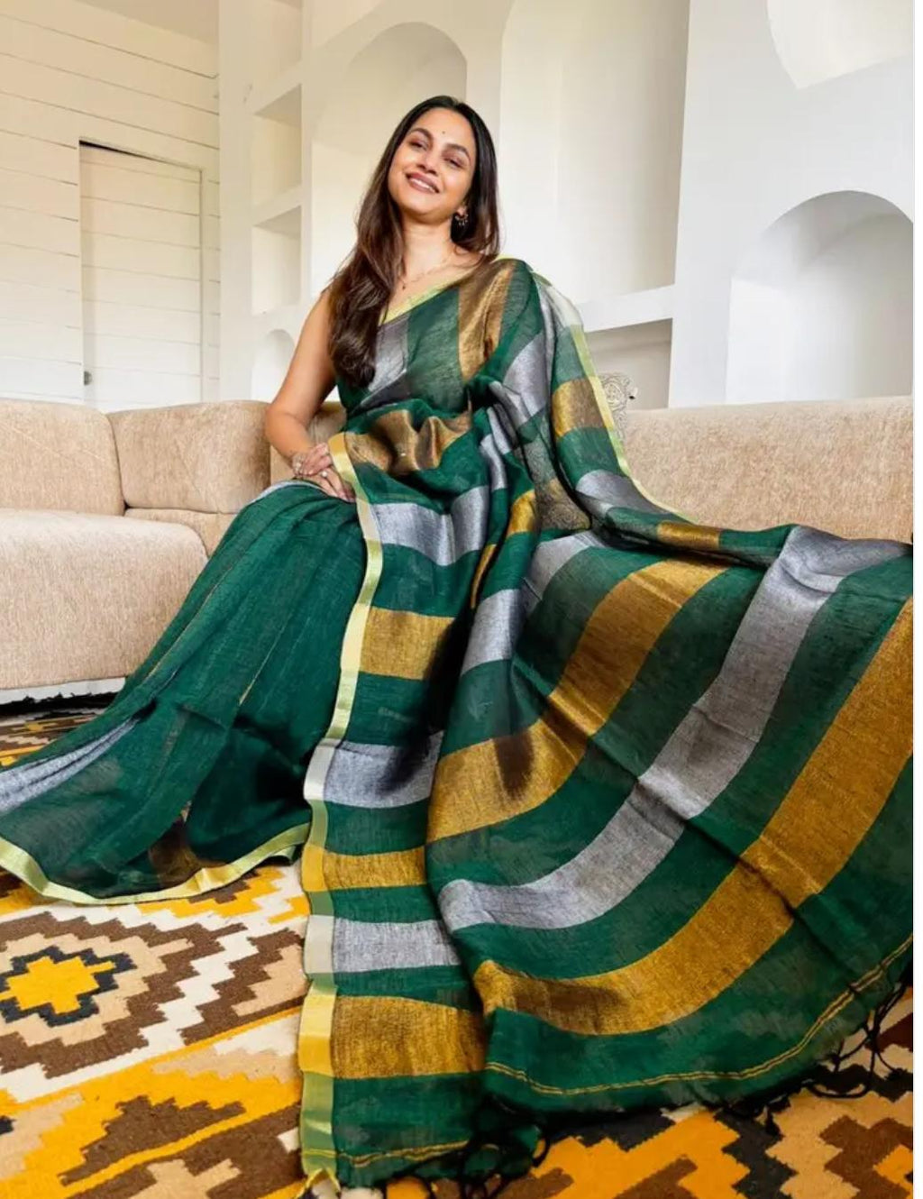 Bhagalpur Handwoven Pure Linen Saree with Copper Zari Border | Bottle Green Multi-Stripe