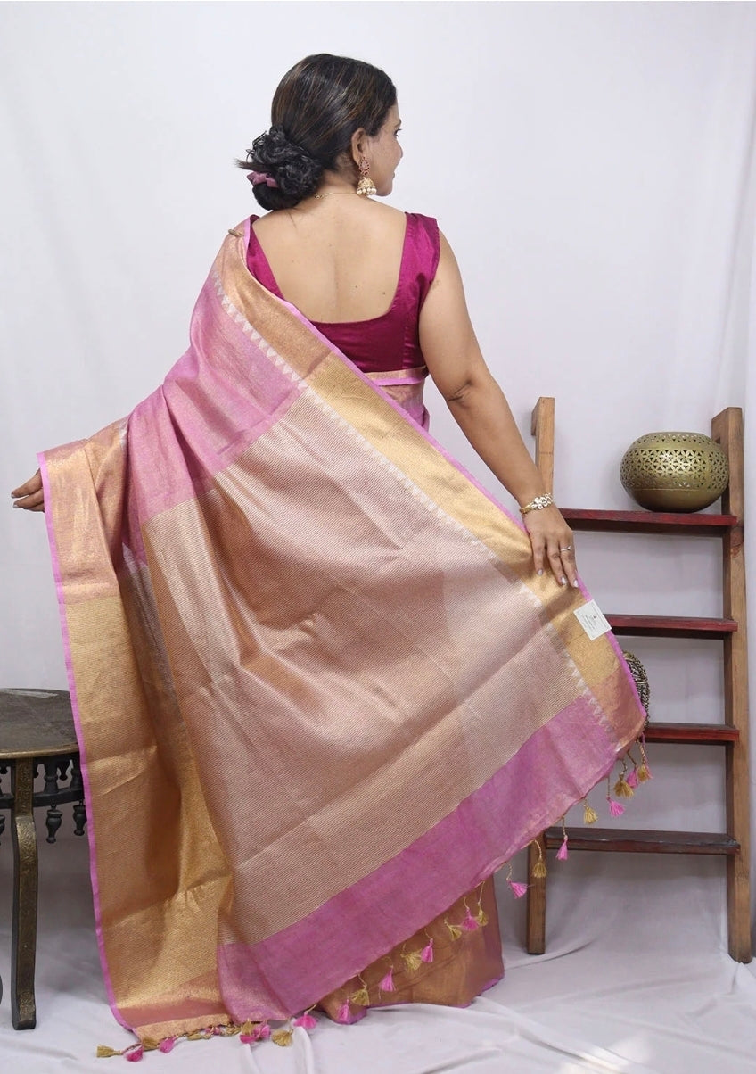 Handwoven Tissue Linen Saree with Golden Temple Zari Border