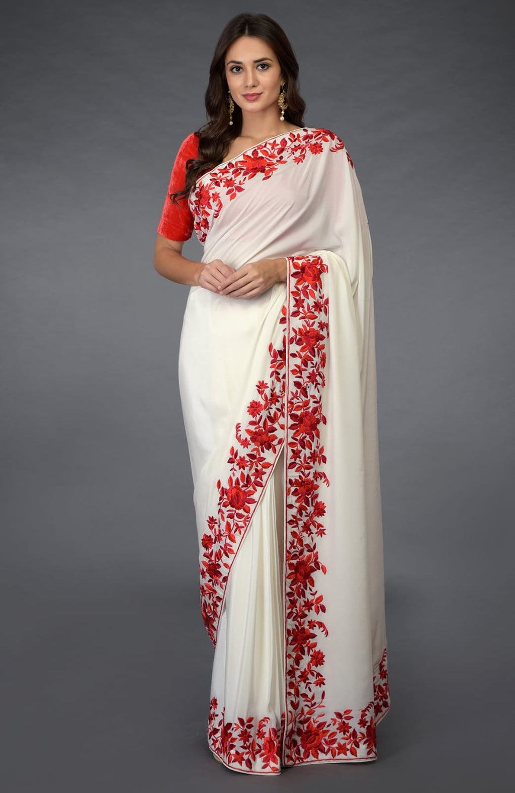 Desi Silk Saree with Red Floral Embroidery Handloom Sarees