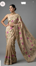 Handwoven Desi Tussar Silk Saree | Golden Beige Lotus Floral Embroidery