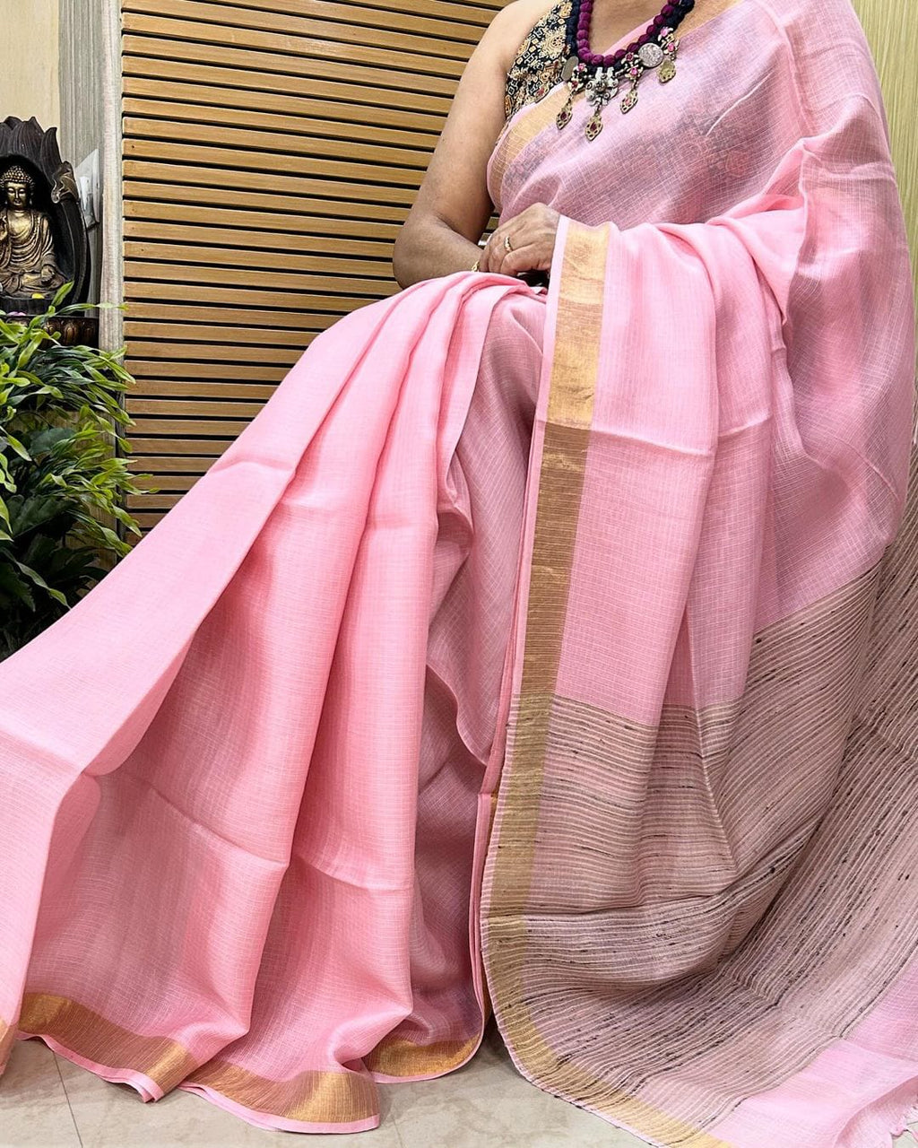Handwoven Kota Silk Cotton Saree with Golden Zari Border