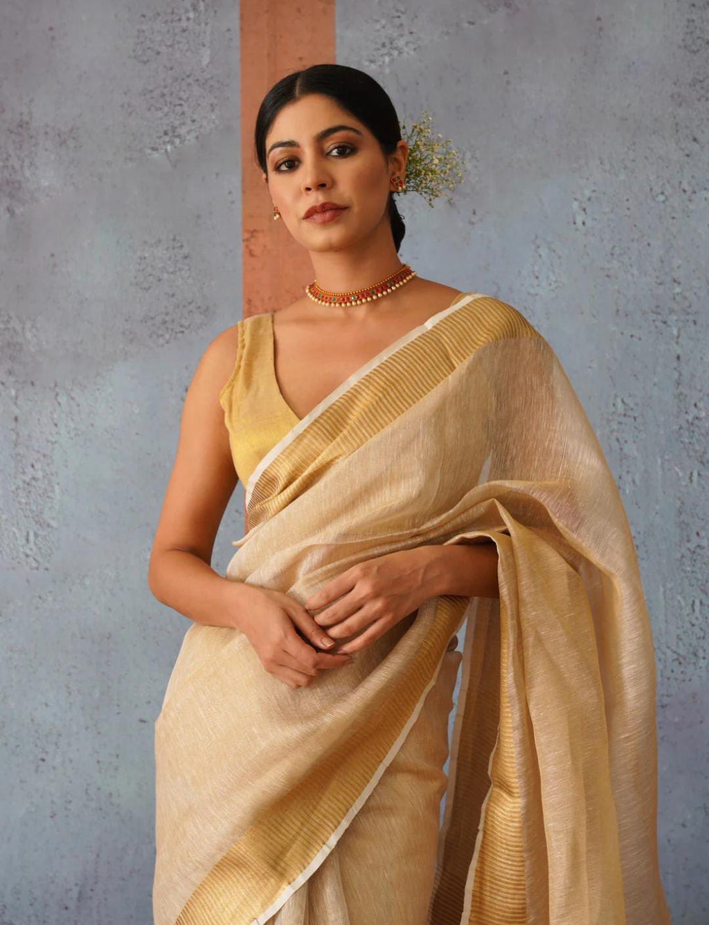 Handwoven Tissue Linen Saree with Golden Zari Border
