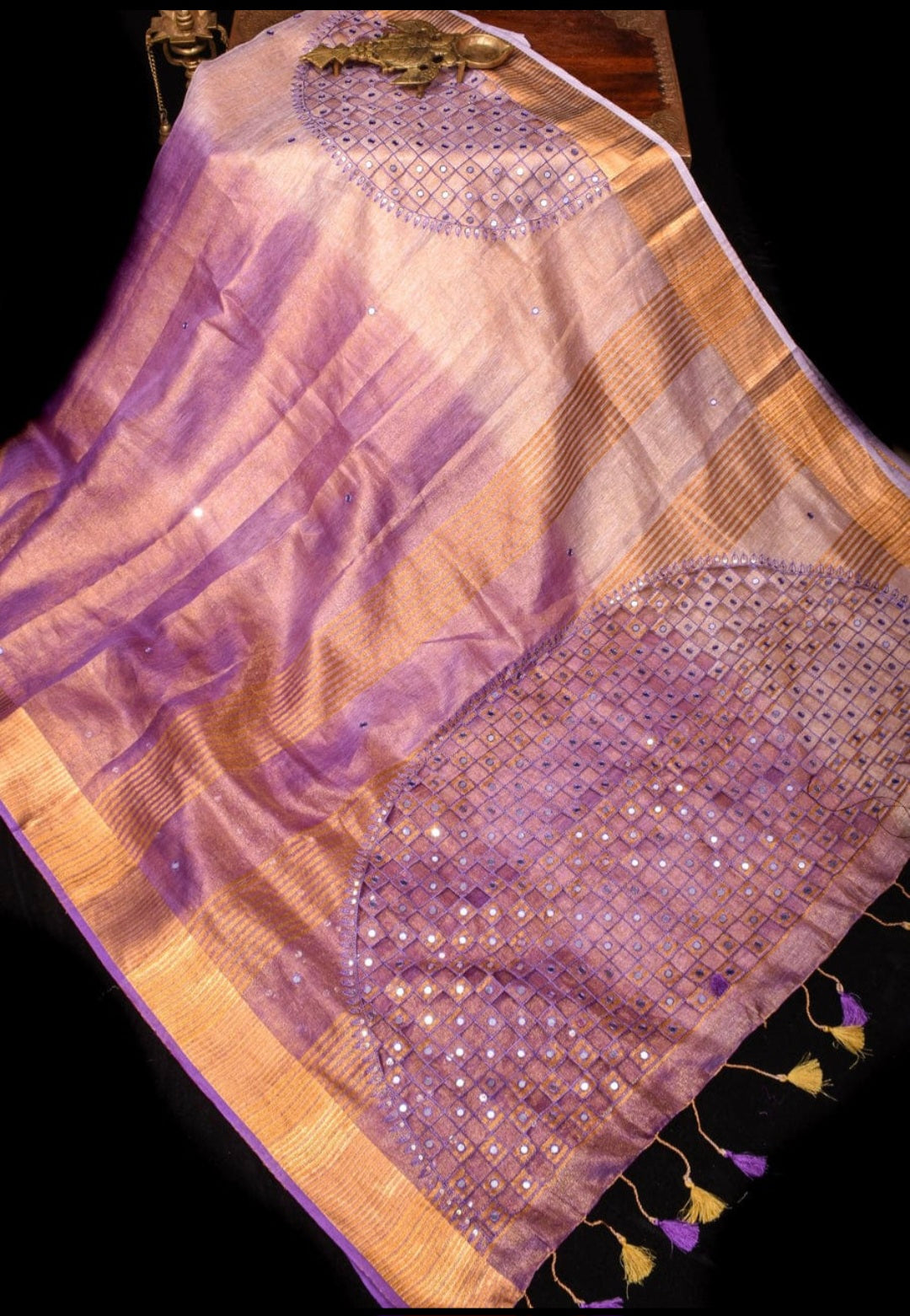 Handwoven Tissue Linen Saree with Cutwork Design & Golden Zari Border