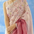 Handwoven Pure Linen Saree with Botanical Floral Embroidery | Dusty Pink with Silver Zari Border