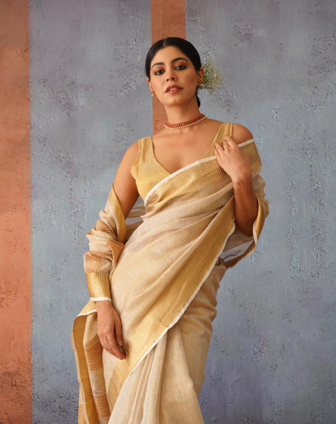 Handwoven Tissue Linen Saree with Golden Zari  Border