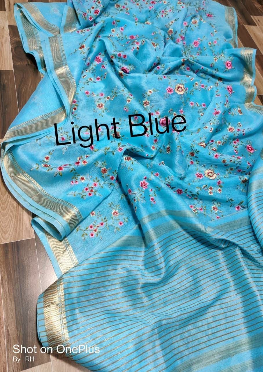 Kota Silk Linen Embroidery Saree with Zari Border | Floral Embroidered