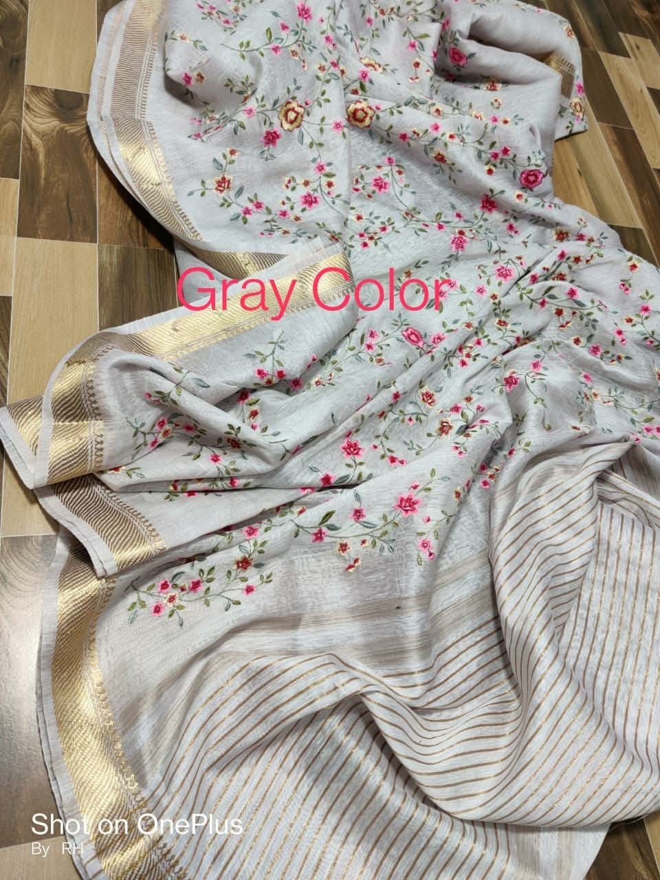 Kota Silk Linen Embroidery Saree with Zari Border | Floral Embroidered