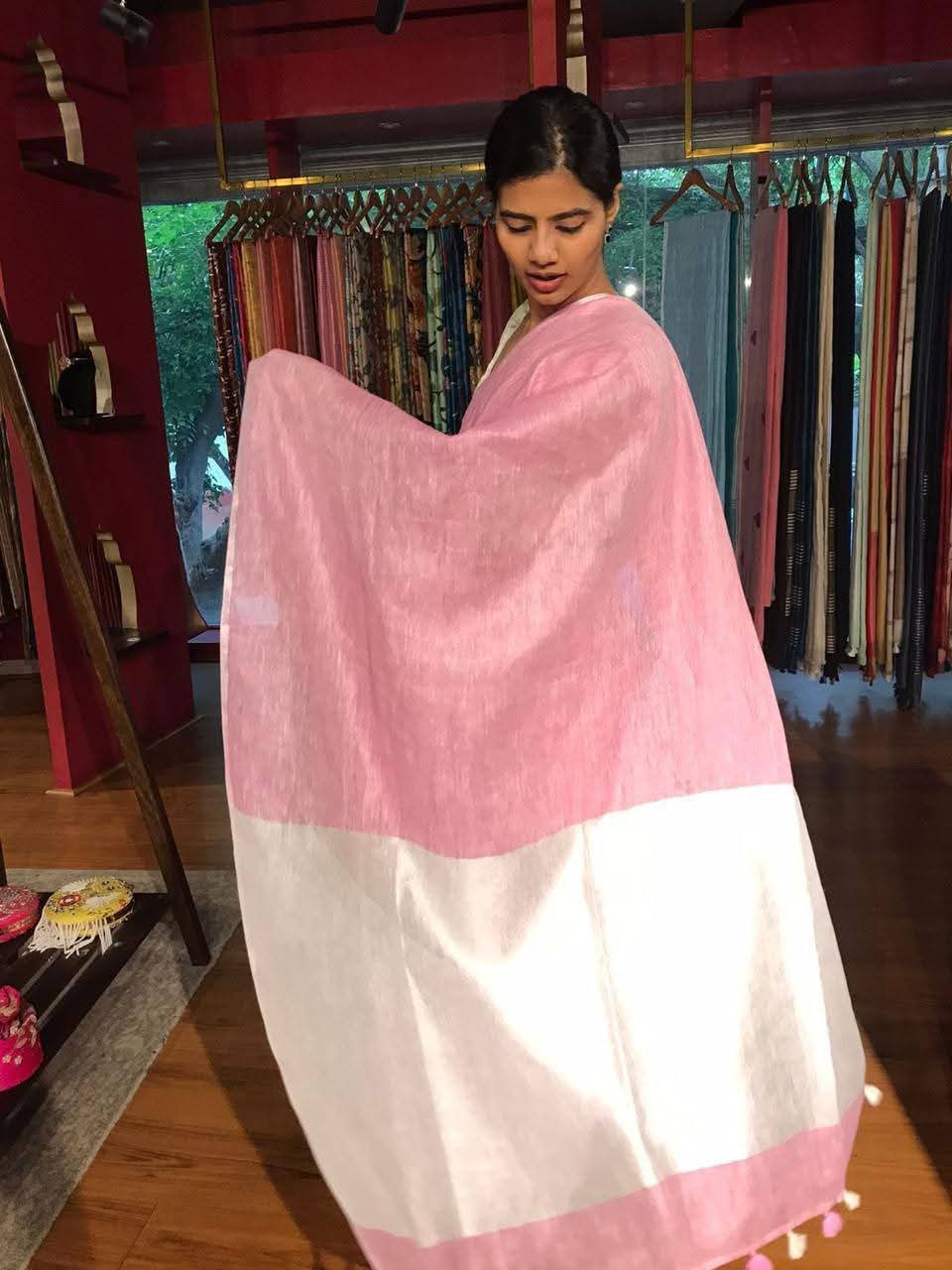Handwoven Pure Linen Saree with Silver Zari Border