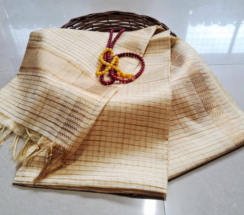 Handwoven Kota Silk Cotton Saree with Copper Zari Mini Check Border