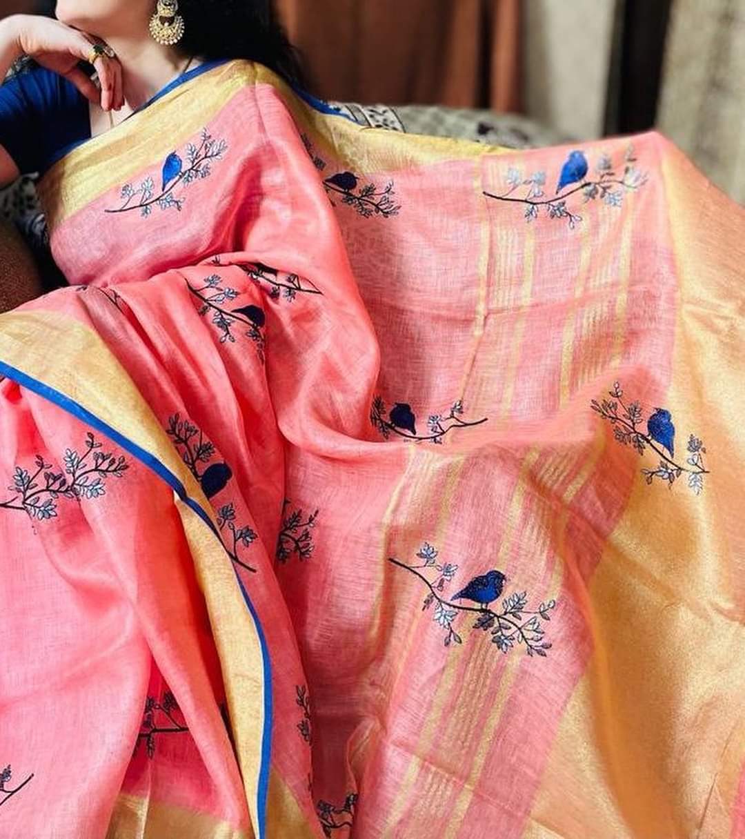 Handwoven Linen Embroidery Saree with Bird Motifs