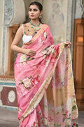 Handwoven Pure Linen Digital Floral Print Saree with Golden Zari Border
