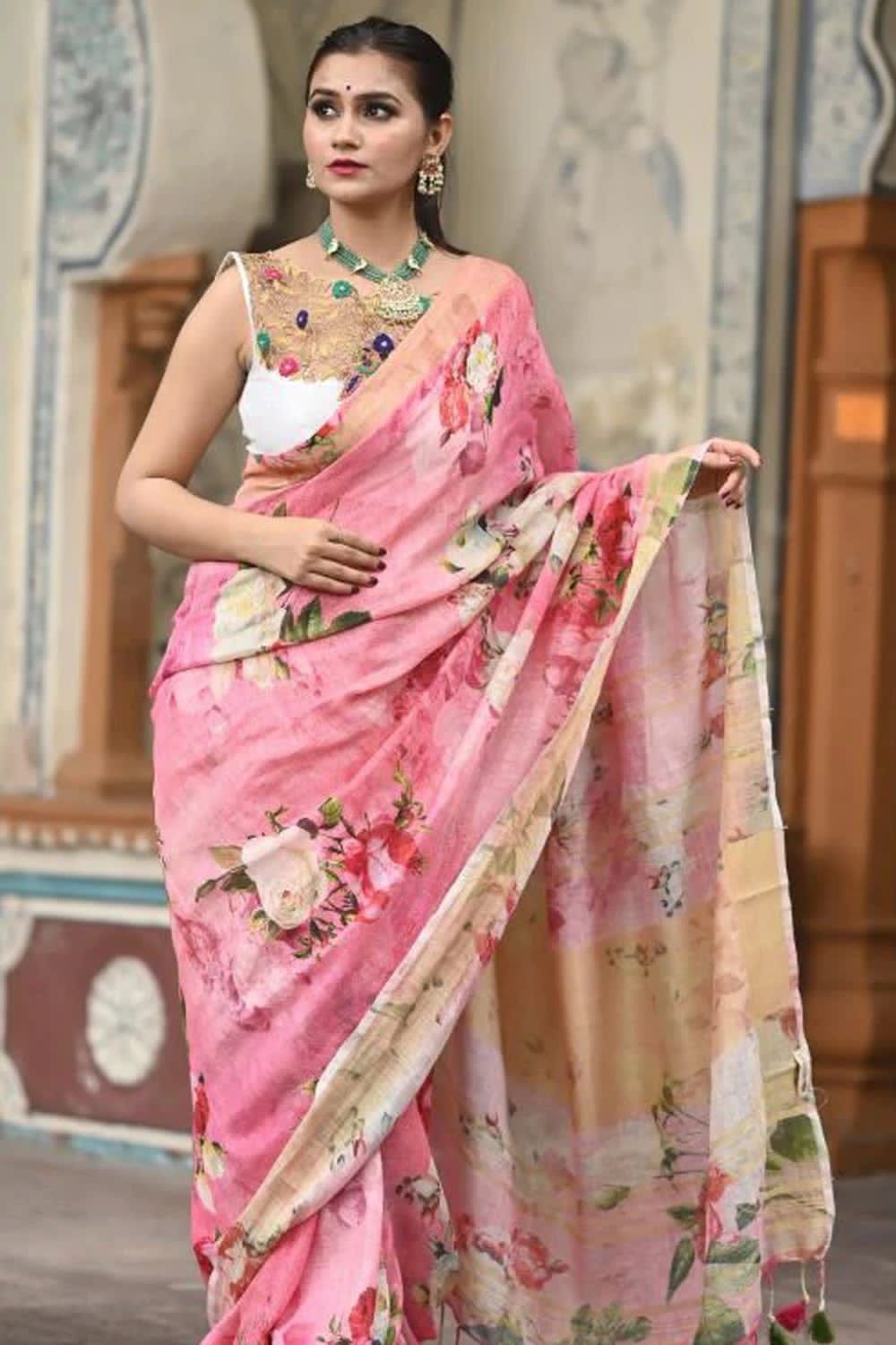 Handwoven Pure Linen Digital Floral Print Saree with Golden Zari Border