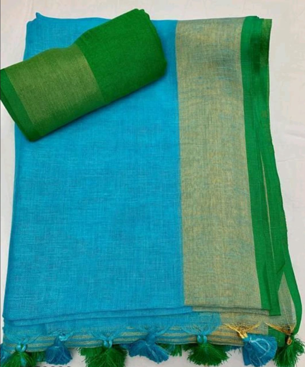 Handwoven Pure Linen Saree with Golden Zari Border