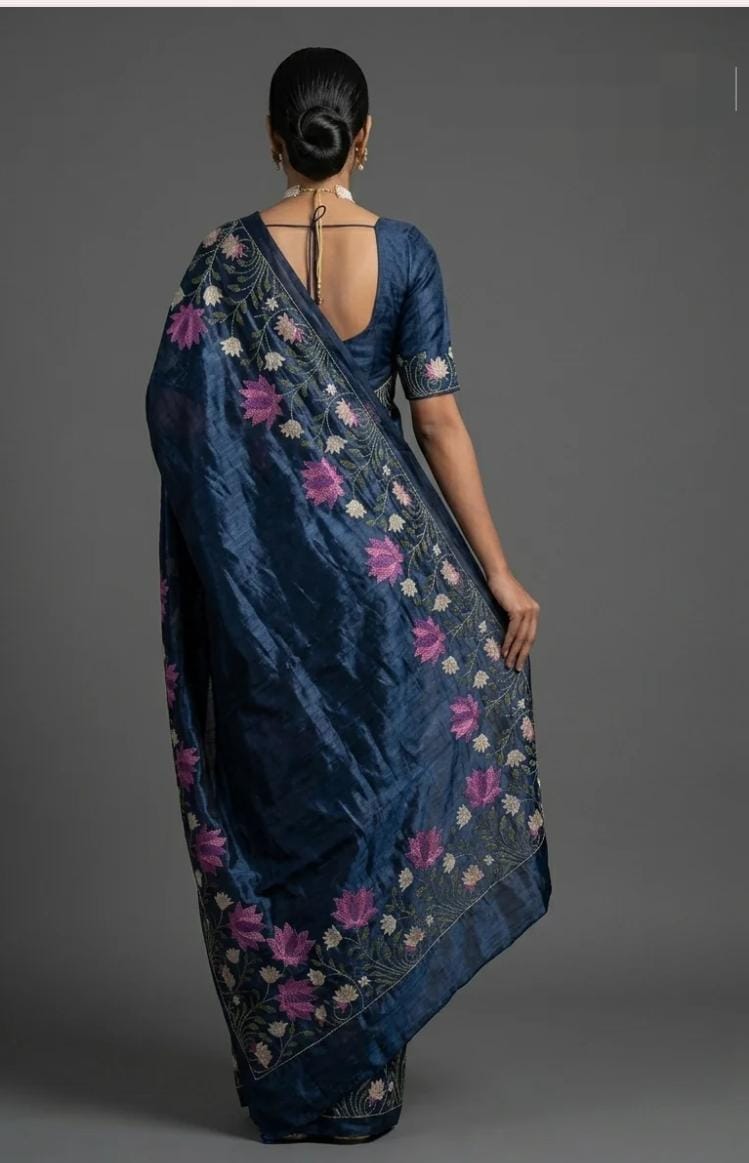 Handwoven Desi Silk Saree | Navy Blue Pink Lotus Floral Embroidery